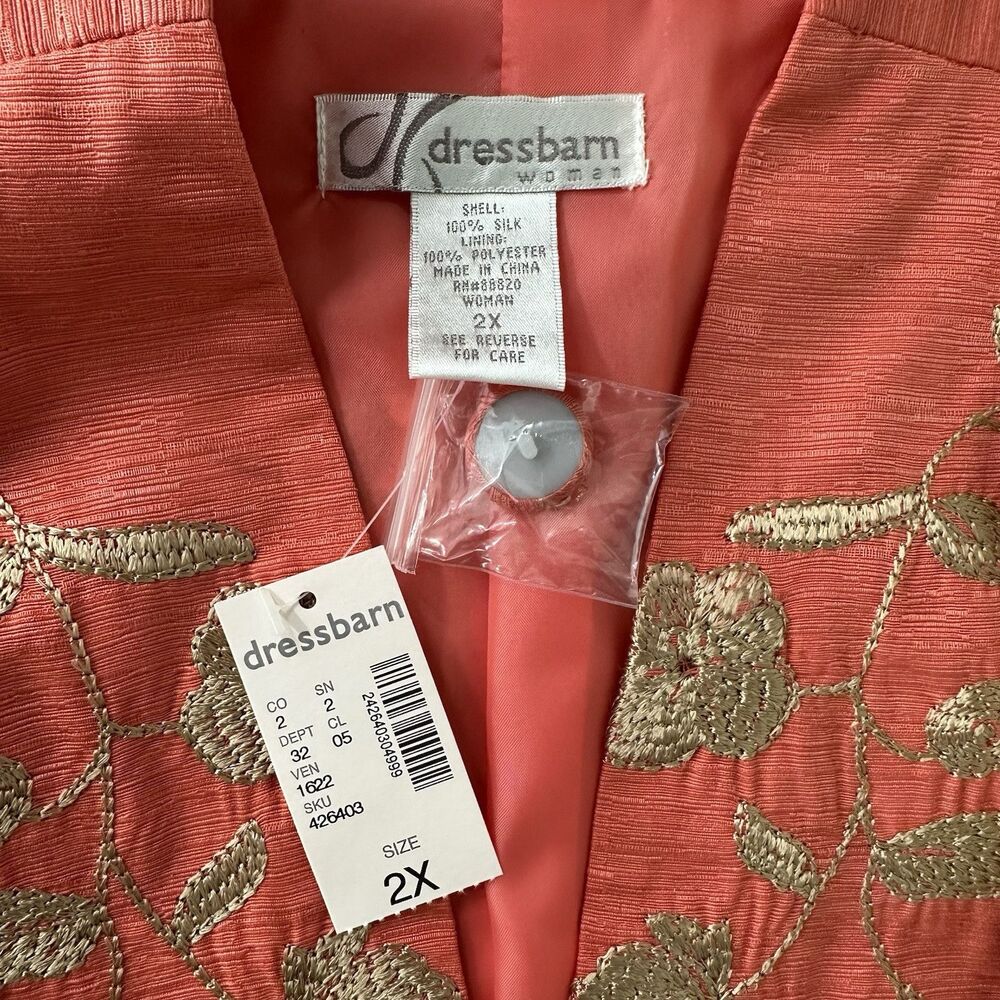 Dressbarn Jacket Blazer 2X 100% Silk Coral Embroiderd Statement Church Office - Picture 5 of 8